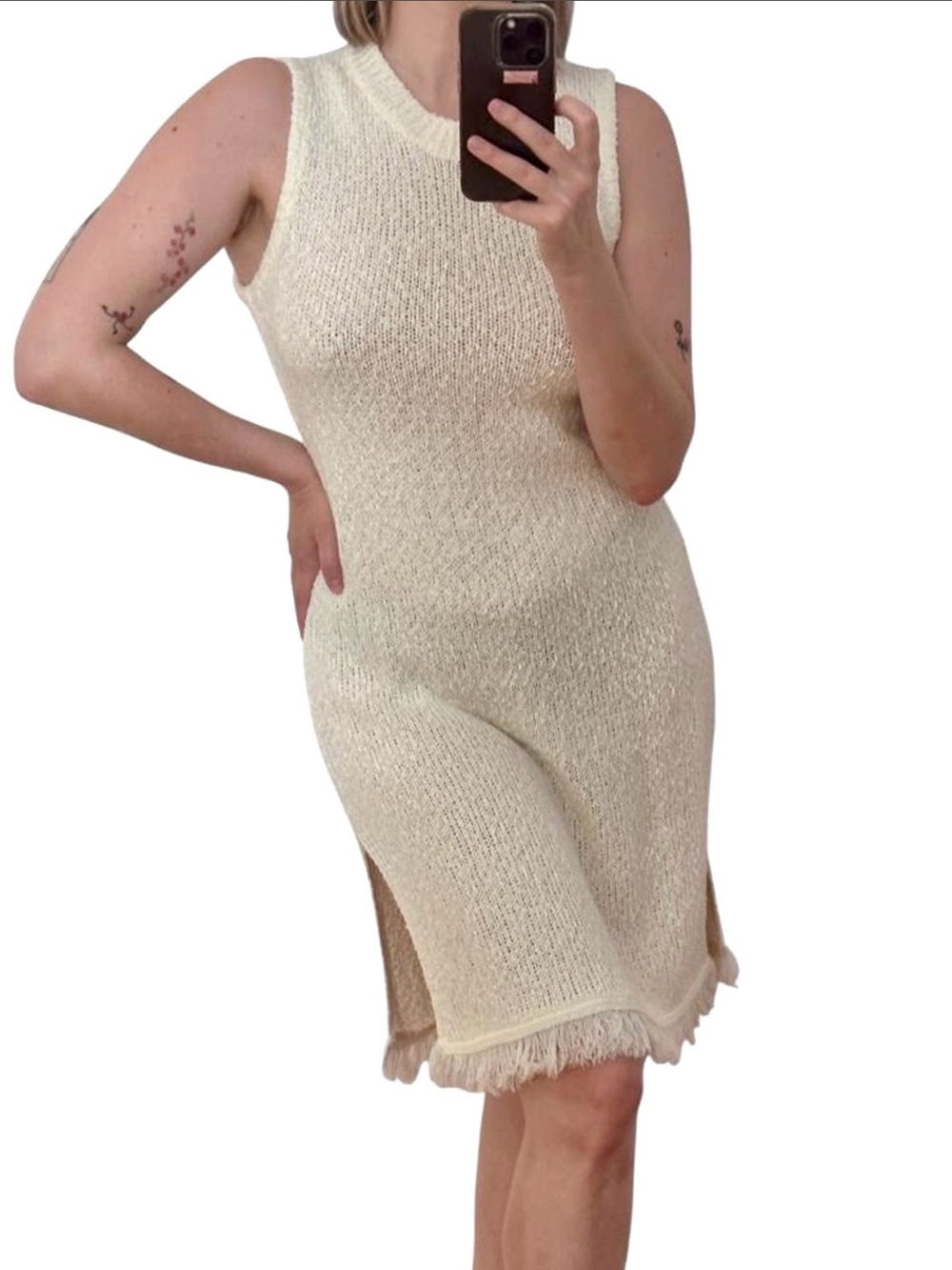 White Knit Dress with fringe hem